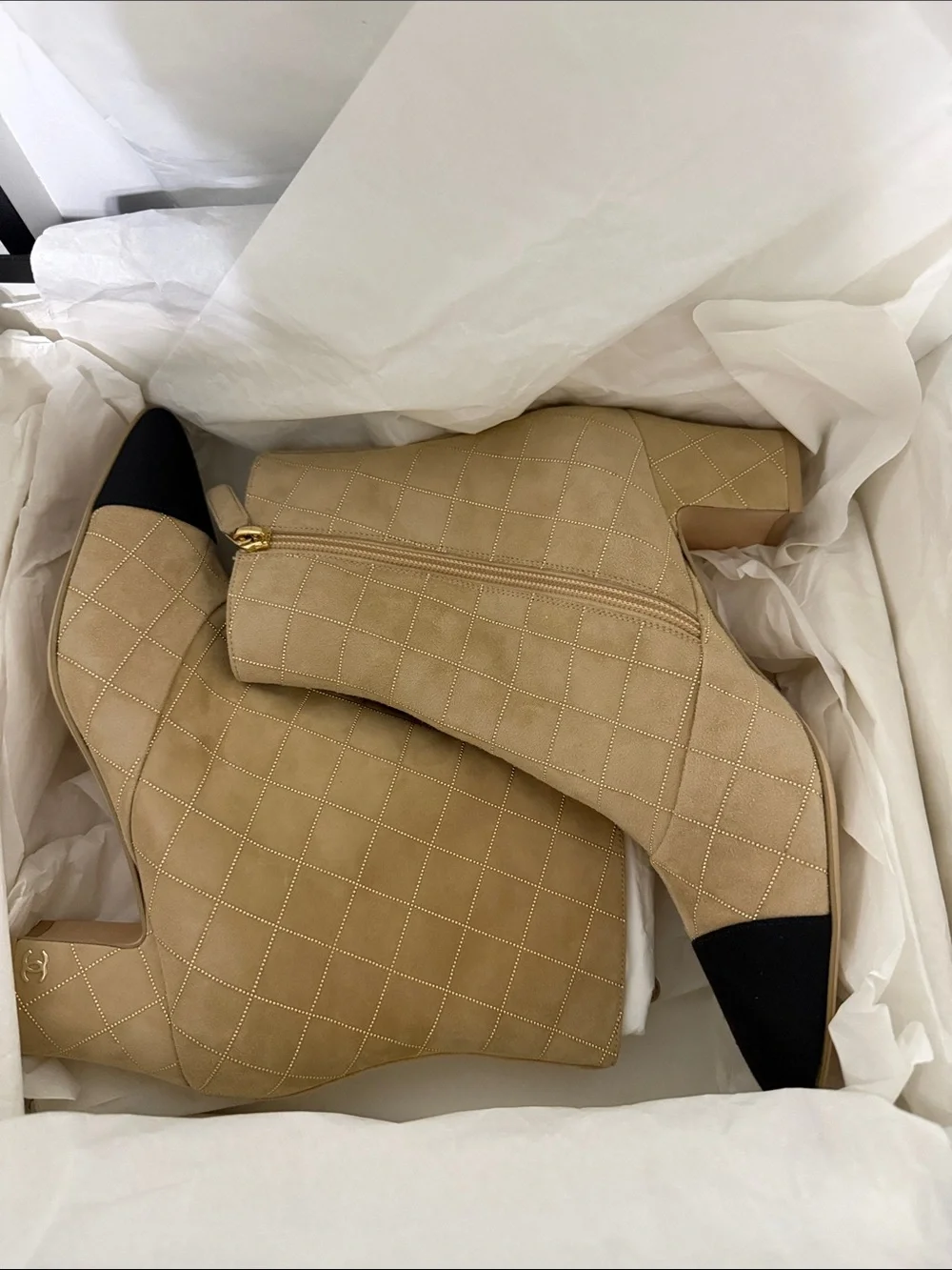CHANEL Beige Quilted Ankle Boots with Black Cap Toe